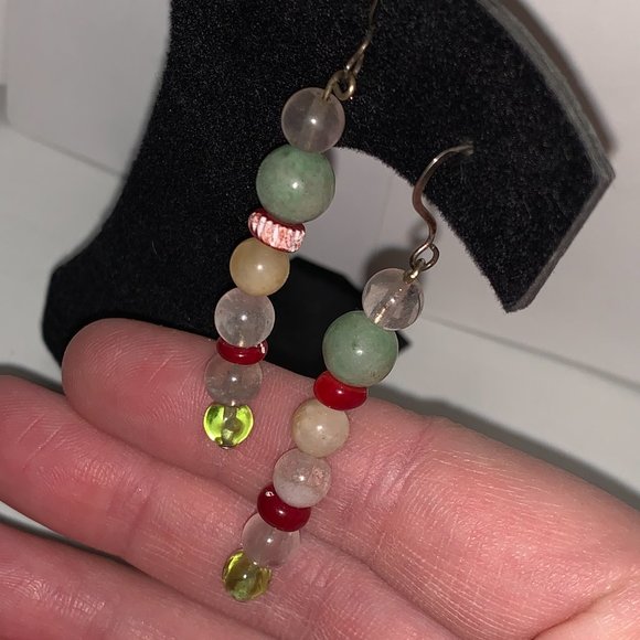 Coral, Jade, and Quartz Dangle Earrings - Picture 2 of 6